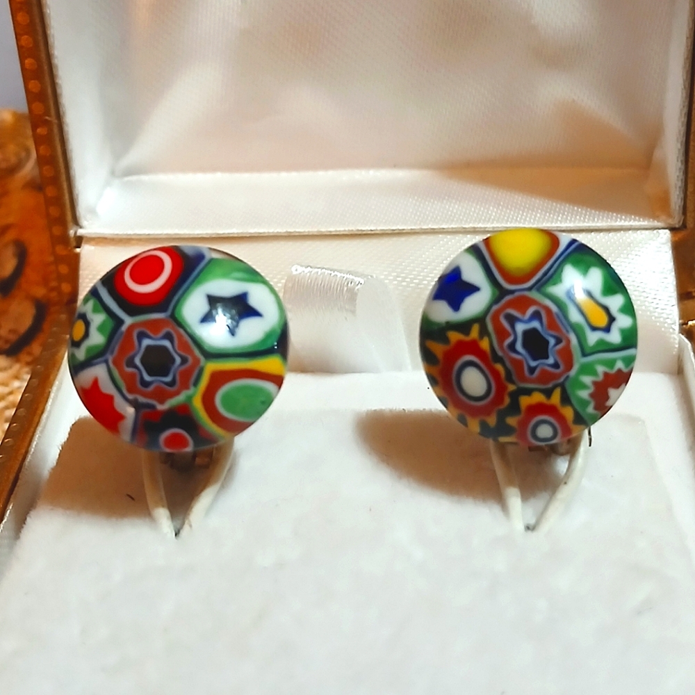 1940s Hand Blown Venetian Millifiori Glass Earrings